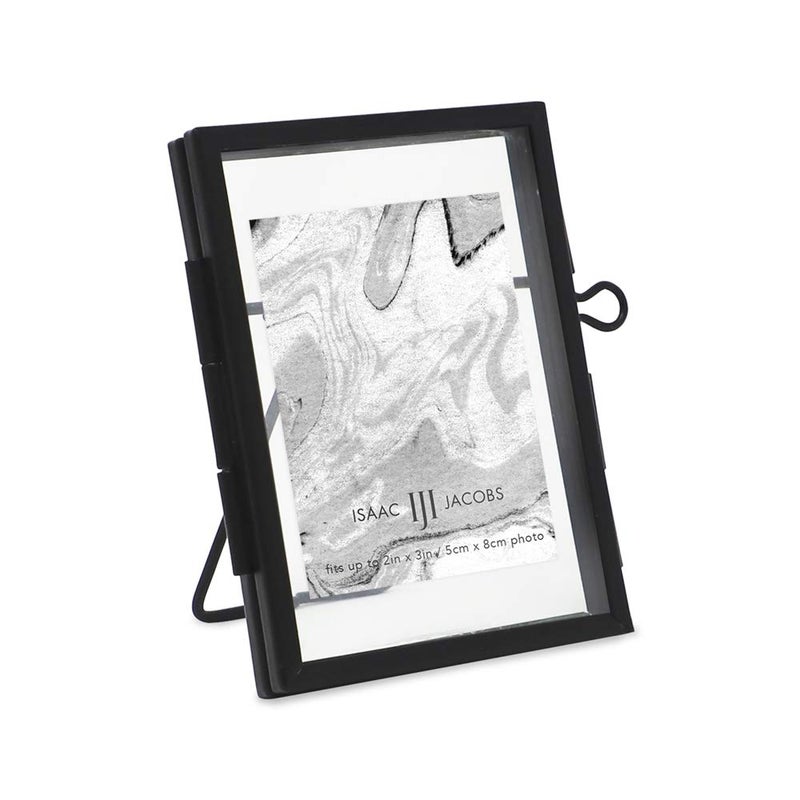 Isaac Jacobs 2x3, Black Modern Style Brass and Glass, Pressed Glass, Metal Floating Desk Photo Frame (Vertical), with Locket Closure for Pictures, Art, Mementos & Keepsakes (2x3, Black) - Image 1